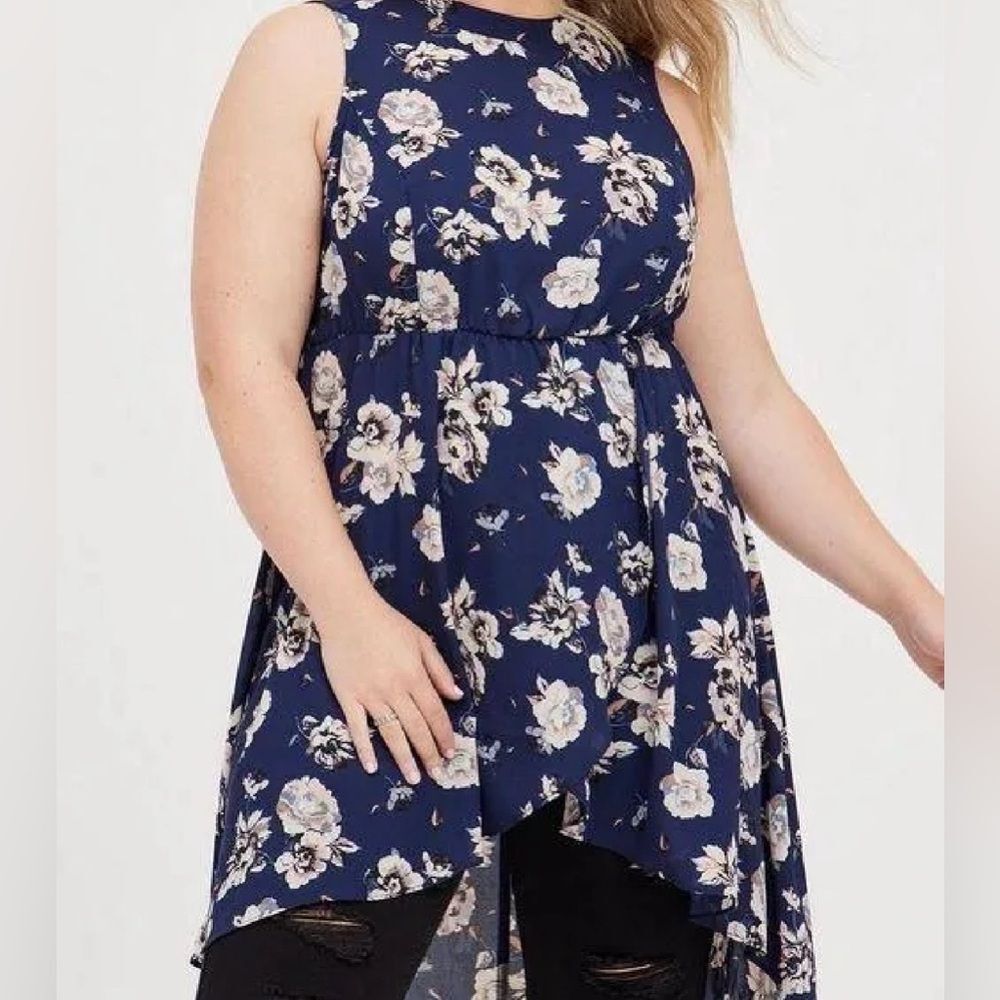 Torrid Blue Floral Hi-Lo Babydoll Tunic Top 4X Sleeveless High Neck Flowy Plus